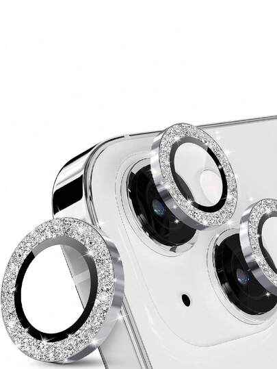 3pcs Camera Lens Protector Film Compatible With IPhone 11/12/13/14/15/16/17, Glitter, Single Metal Glitter 9H Hardness Anti-Scratch Protective Film, Fashion Accessory, Compatible With Phone Cases (Silver Glitter) - Holiday Gift, Valentine's Day Gift (Festival Phone Accessories)