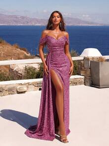 ADYCE Off-The-Shoulder Slit High Thigh Ruffle Sequin Cocktail Party Dress, With Long Ribbon, Elegant Formal Evening Gown For Wedding Guest, Suitable For Graduation Ceremony, Gala Dinner And Other Occasions Spring - 藕粉色 - 查看 7
