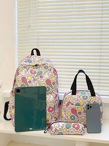 3 Peças Conjunto de Mochila Fashionable Preppy Sorvete/Unicórnio, Mochila e Bolsa Térmica e Estojo de Lápis, com Compartimento para Laptop, Alça Ajustável e Vários Bolsos, Conjunto de Mochila Escolar Multifuncional de Alta Capacidade, Ideia para Meninas/Estudantes Universitários/Graduados para Uso Diário/Férias/Viagem/Volta às Aulas - Rosa chiclete - Visão 3