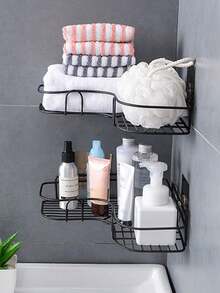 1个无孔铁艺置物架，办公/浴室收纳架，浴室置物架，壁挂式，浴室储物柜，厨房配件，厨房收纳，化妆品收纳，配件，浴室用品，洗发水，爽肤水，化妆品，置物架，浴室配件，不锈钢置物架，带挂钩，适用于浴室、卧室、办公室，免胶贴纸，浴室用品，收纳支架，收纳盒用品 - T - 查看 2