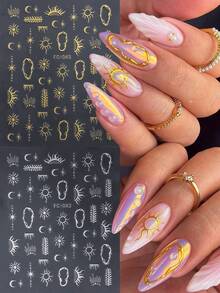 2张烫印美甲贴纸，星月图腾太阳系Y2K金银色太阳图案，背胶DIY美甲贴花 - 彩色 - 查看 12
