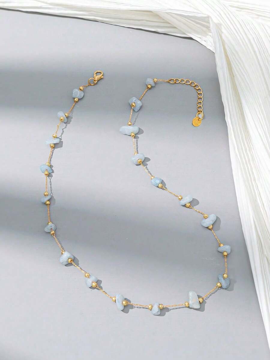 1pc Asymmetrical Shaped Handmade Stone Necklace (Stone Color And Quantity May Vary) - Blue - View 1