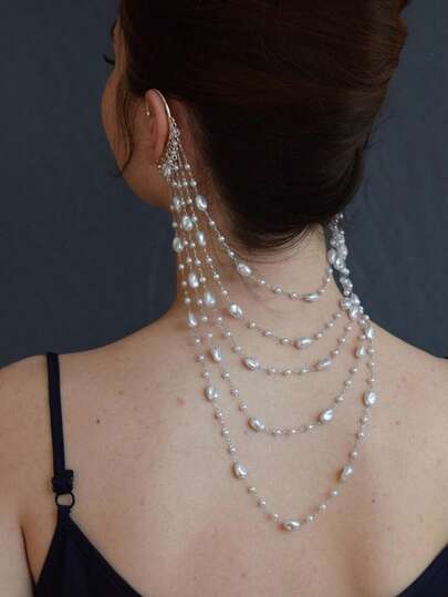 1件优雅多层流苏珍珠装饰耳环，独特设计，奢华新娘配饰