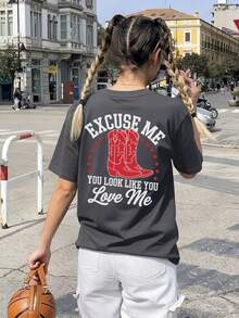 Women's Summer Street Red Boots Graphic Personalized Print Round Neck T-Shirt, Western Style Top - Dark Grey - View 7