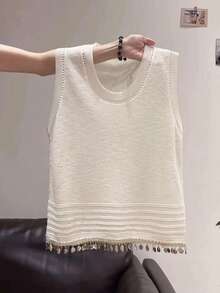 صدرية نسائية محبوكة ذات رقبة دائرية مزينة بشراشيب من الترتر، أنيقة وعملية، مناسبة للربيع والصيف والخريف، للارتداء اليومي والمناسبات والعطلات - لون شمبانيي - مشاهدة 3