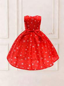 Vestido de Festa de Princesa de Natal com Decoração de Laço Estampa de Papai Noel e Floco de Neve para Meninas Jovens, Adequado para Celebração de Feriados, Padrão de Tecido Cortado Aleatoriamente, Faixa de Cabeça Não Incluída - Vermelho - Visão 3