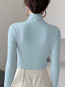 女士纯色针织交叉领打底衫，办公室穿着春季新款休闲款 - 淺藍色 - 查看 7