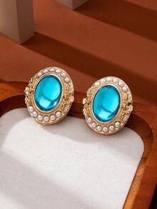 1对时尚椭圆形亚克力珍珠耳钉，经典欧式风格 - 彩色 - 查看 3