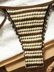 2pcs Women's Striped Sexy Backless Tie-Up Bikini Swimwear, Beach Vacation Summer - Maroon - View 3