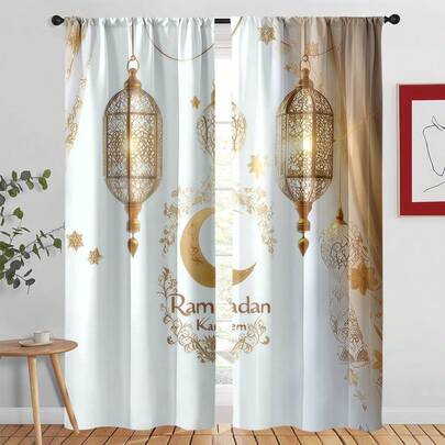 2pcs 2D Flat Islamic Ramadan & Eid Curtains - Golden Islamic Lantern & Crescent Moon Pattern, Arabic Calligraphy Style, Light Filtering, Washable, Suitable For Living Room, Bedroom, Study, Office And Mosque