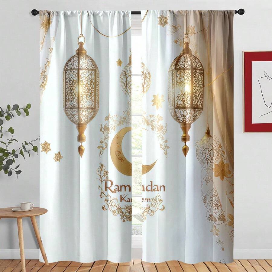 2 buah Tirai Islami Datar 2D untuk Ramadan & Idul Fitri - Motif Lentera & Bulan Sabit Islami Emas, Gaya Kaligrafi Arab, Penyaring Cahaya, Dapat Dicuci, Cocok untuk Ruang Tamu, Kamar Tidur, Ruang Belajar, Kantor, dan Masjid - MultiWarna - View 1