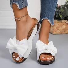 Women's Elegant Sandals With Bowknot, Thick Wedge Heel, Comfortable Versatile Beach Vacation Sandals, Fashionable Slides - White - View 6