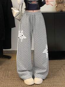 波点星形贴花蕾丝边休闲宽松直筒裤，女士款，轻盈透气，显瘦（随机星形图案）春季款 - 灰色 - 查看 2
