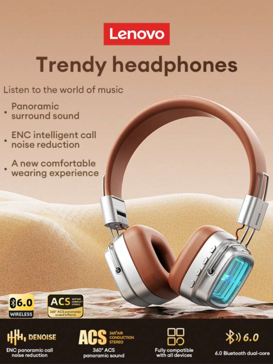 Auriculares Bluetooth retro Lenovo LS117, Bluetooth inalámbrico 6.0, sonido envolvente 3D, audio de alta calidad, larga duración de la batería, cancelación de ruido ENC, cómodos para juegos, música, teléfono inteligente y PC, regalo - Marrón - Ver 1