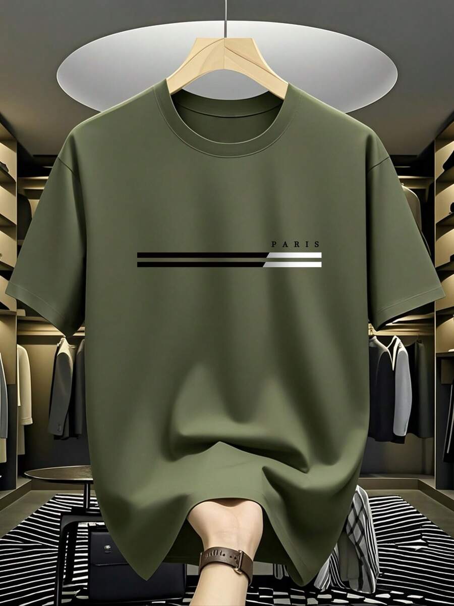 男士圆领字母印花休闲百搭日常短袖T恤 - 軍綠色 - 查看 1