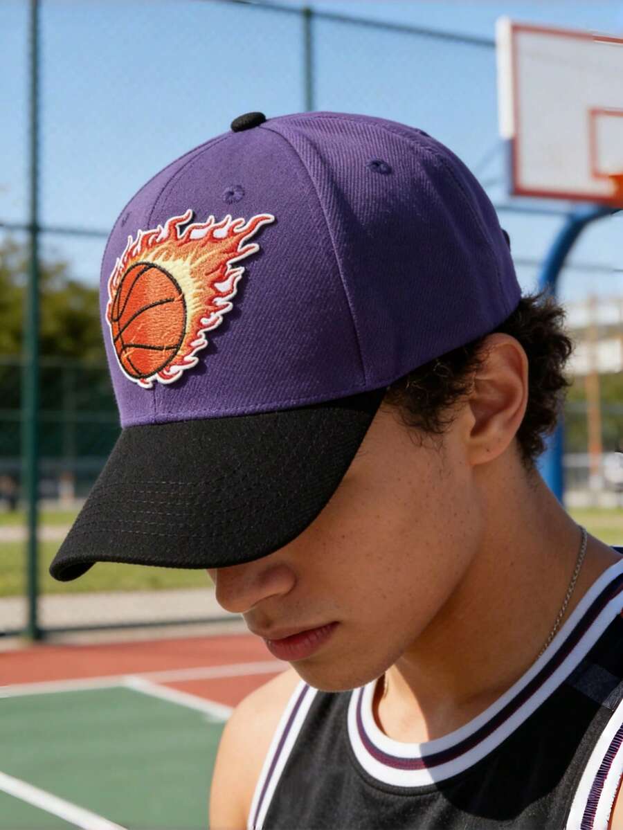 撞色火焰篮球贴片棒球帽，可调节棉质老爹帽，男女通用，防紫外线休闲帽，适合篮球、跑步、徒步等运动。 - 拼色棒球帽 - 查看 1