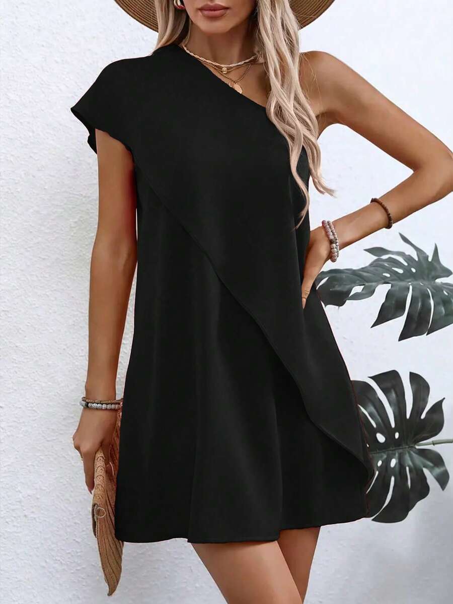 轻盈涤纶不对称露肩连衣裙 - 女士修身款，休闲风格 - 藏蓝色 - 查看 1