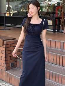 Y6Y French Blue Women's Spring/Summer Sexy Slim Fit Mid-Length Square Neck Dress - Blue - View 1