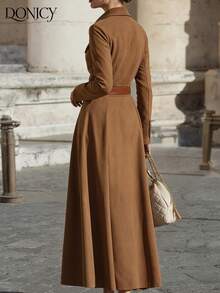 DONICY 优雅女士连衣裙，春夏纯色翻领拉链口袋腰部职业装连衣裙，时尚复古通勤咖啡色连衣裙（无腰带），适合日常休闲、商务办公、约会、购物、下午茶、展览等场合。 - 咖啡 - 查看 3
