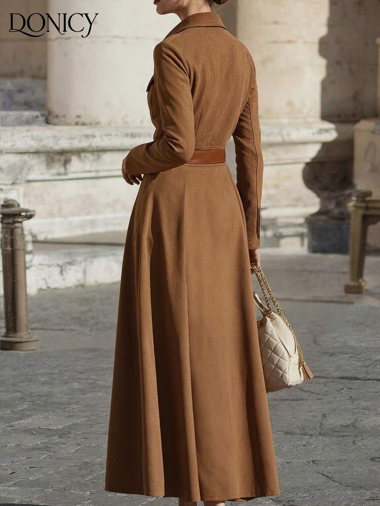 DONICY Elegant Women's Dress, Ladies' Solid Color Turndown Collar Zipper Pocket Waist Workwear Dress, Fashionable Retro Chic Commuter Coffee Color Dress Without Belt, Suitable For Daily Casual, Business Office, Dating, Shopping, Afternoon Tea, Exhibition, New Year - Coffee - View 2