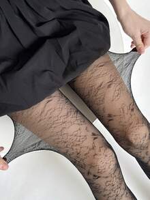 1双 Ins Style 黑色深色图案 Pure Desire 风格女士渔网袜连裤袜日式少女风蕾丝提花长袜 Pure Sweet 情人节必备基础款袜子 - 黑色 - 查看 5