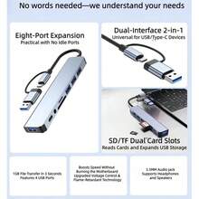 8-In-1 Type-C Hub, Multifunctional Card Reader, Laptop Computer Expansion Dock, USB Splitter - Silver - View 3