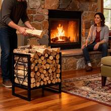 Estante pequeño para leña al aire última intervensión, estante de madera de metal negro, soporte para leña para interior y exterior, organizador de almacenamiento de troncos para fogata - Negro - Ver 3