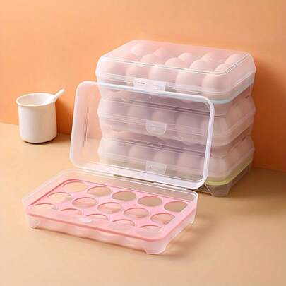 [3 Colores/Estilos Aleatorios] Caja de almacenamiento de huevos de plástico con 15 rejillas, soporte de huevos para refrigerador, organizador portátil de huevos