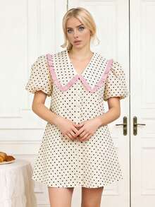 Women's Baby Doll Mini Dress Summer Floral Print Loose Bubble Short Sleeve Collared Dress - 杏色 - 查看 3