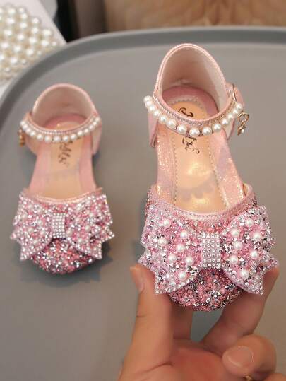 Zapatos escolares casuales de niña con lazo, decoración de perlas y cristales, talla grande
