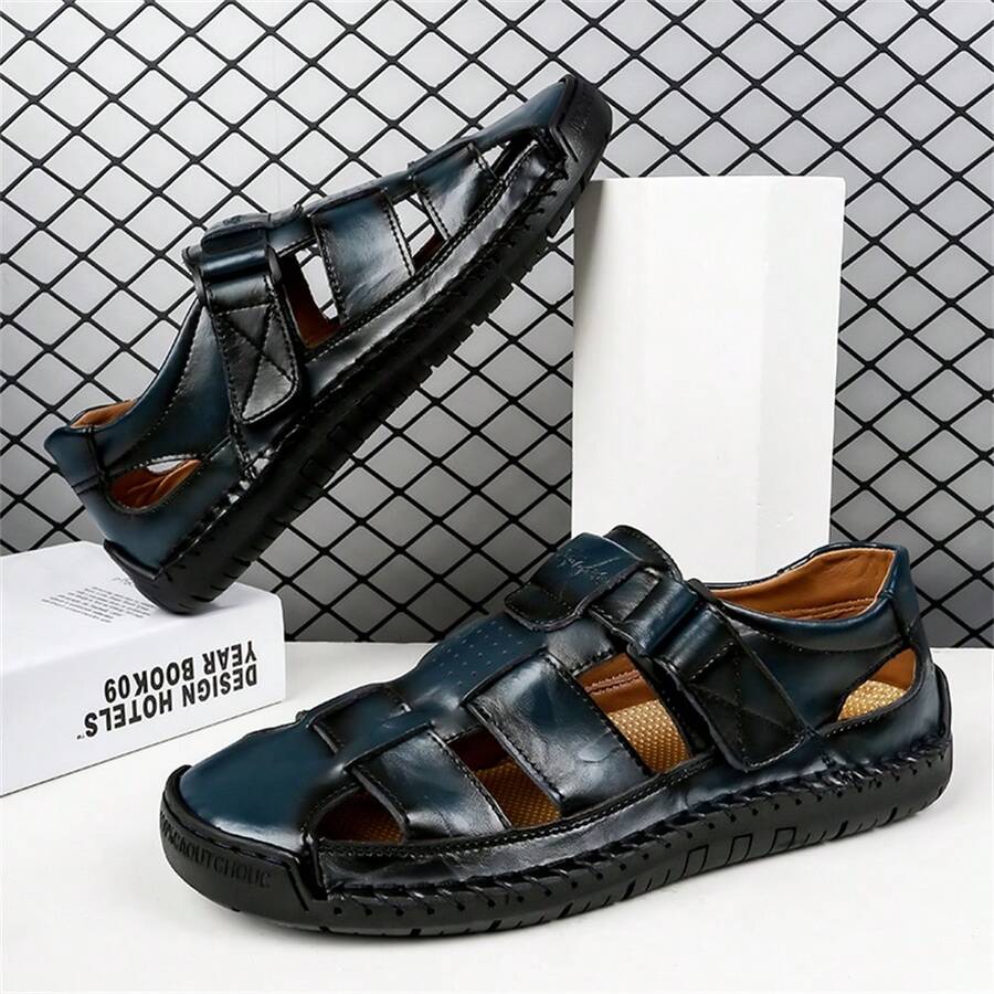 New Fashionable Men's Thick Sole Slippers, Summer Men's Sandals, Handmade Closed-Toe Non-Slip Comfortable Men's Beach Slippers - Blue - View 1