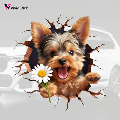 1pc Cute Little Dog And Daisy Car Sticker Breakthrough Design Self-Adhesive Suitable For Decorating Cars, Trucks, Motorcycles, And Essential For Pet Enthusiasts