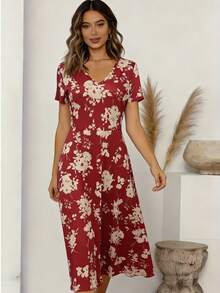 2026新款女士印花波西米亚风连衣裙，适合休闲、度假、海滩、派对、春夏秋季穿着。 - 紅色 - 查看 1