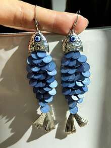 1 Pair Elegant Unique Creative Design Seashell Tassel Blue Fish Shaped Women's Earrings, Suitable For Daily, Commute, Holiday Party, Outfit Matching, Women Jewelry - Multicolor - View 2