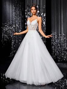 纯色串珠亮片刺绣网纱薄纱伞裙摆露背系带长款婚纱 - 白色 - 查看 3