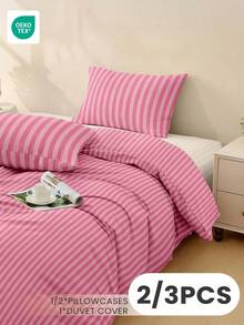 2/3pcs Cartoon Bedding Set, Soft & Breathable, Skin-Friendly, Cartoon Style Duvet Cover Set, Pill-Resistant, Cute Home Textile, Pink Striped Pattern Duvet Cover & Pillowcase, Oeko-Tex Certified - Multicolor - View 10