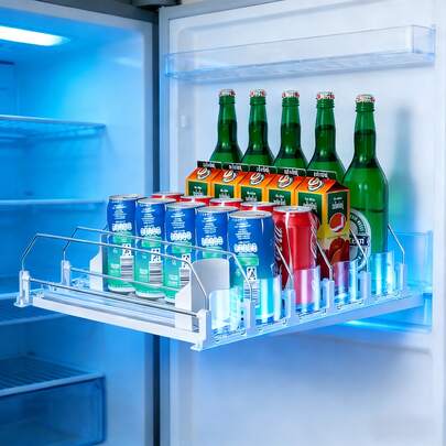 1/2/3pcs Set Refrigerator Beverage Dispenser - Width 310mm (Handmade Measurement May Have 1-2cm Error), Adjustable Dual Rod Drink Pusher, Automatic Soda Can Dispenser, White Bar Style, Upgraded Dual-Layer Shelf, With Positioning Buckle Suitable For Refrigerator, Countertop, Cabinet And Drawer