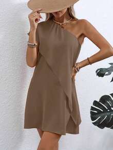 Lightweight Polyester Asymmetric Off-Shoulder Dress - Women's Fitted Style, Casual - Coffee - View 3