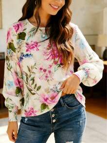 大码女式印花圆领灯笼袖宽松优雅衬衫，适合情人节和春假穿着 - 杏色 - 查看 5