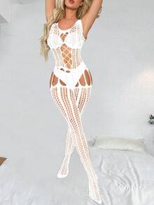 Alluring Mesh Bodysuit For Women Fishnet Bodystocking Sleeveless Hollow Out Nightwear For Party Gifts - 白色 - 查看 2
