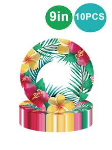 10 Stück ovale Pappteller im hawaiianischen Stil, Einweg-Aloha-Blumen-Partydekoration, Sommer-Tischgeschirr-Zubehör, beliebte tropische Teller, perfekt für Strandparty, Geburtstagsparty - Verschiedenfarbig - Übersicht 5