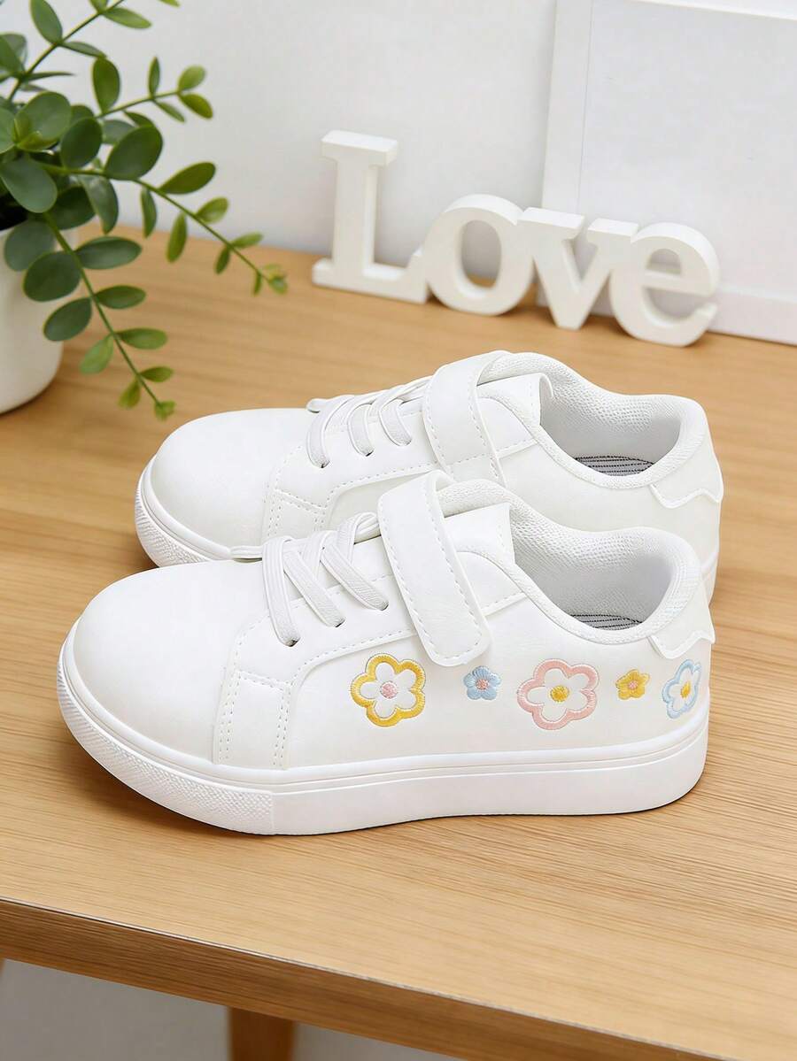 儿童时尚春季新款刺绣花卉板鞋，休闲运动鞋，百搭 - 白色 - 查看 1