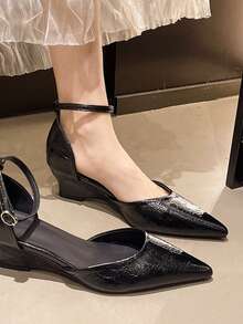 女士尖头细高跟绑带性感坡跟鞋，黑色闭趾高跟鞋，2025春夏新款 - 黑色 - 查看 4