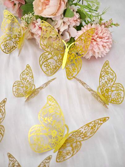 12/24/36 piezas Pegatinas de mariposas 3D huecas, Vinilos de pared de mariposas huecas doradas, Pegatinas de pared de mariposas huecas florales, Pegatinas decorativas de mariposas para el hogar, Diseño especial romántico para decoración del hogar, Decoración de dormitorio, Decoración de habitación