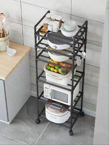 6- 8 Tier Adjustable Kitchen Shelf, Kitchen Organizer Storage, Black Metal Shelf With Hooks, Spice Rack, Kitchenware And Utensil Rack, Home Decor For Kitchen, Pantry, Bathroom, Valentine's Day, Easter Decor. - 黑色6層 - 查看 5