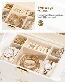 Synthetic Leather Huge Jewelry Box Mirrored Watch Organizer Necklace Ring Earring Storage Lockable Gift Case (White + Gold) - White + Gold - View 4