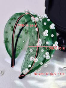 1件优雅绿色网纱装饰宽发箍，珍珠镶嵌女士头饰，适合派对、摄影、日常佩戴 - 綠色 - 查看 3