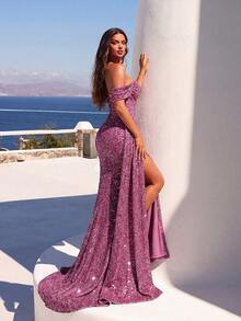 ADYCE Off-The-Shoulder Slit High Thigh Ruffle Sequin Cocktail Party Dress, With Long Ribbon, Elegant Formal Evening Gown For Wedding Guest, Suitable For Graduation Ceremony, Gala Dinner And Other Occasions Spring - 藕粉色 - 查看 2