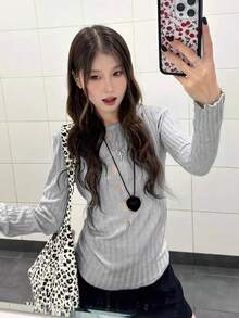 法式圆领镂空针织衫，休闲修身长袖内搭，适合早春穿着 - 灰色 - 查看 3