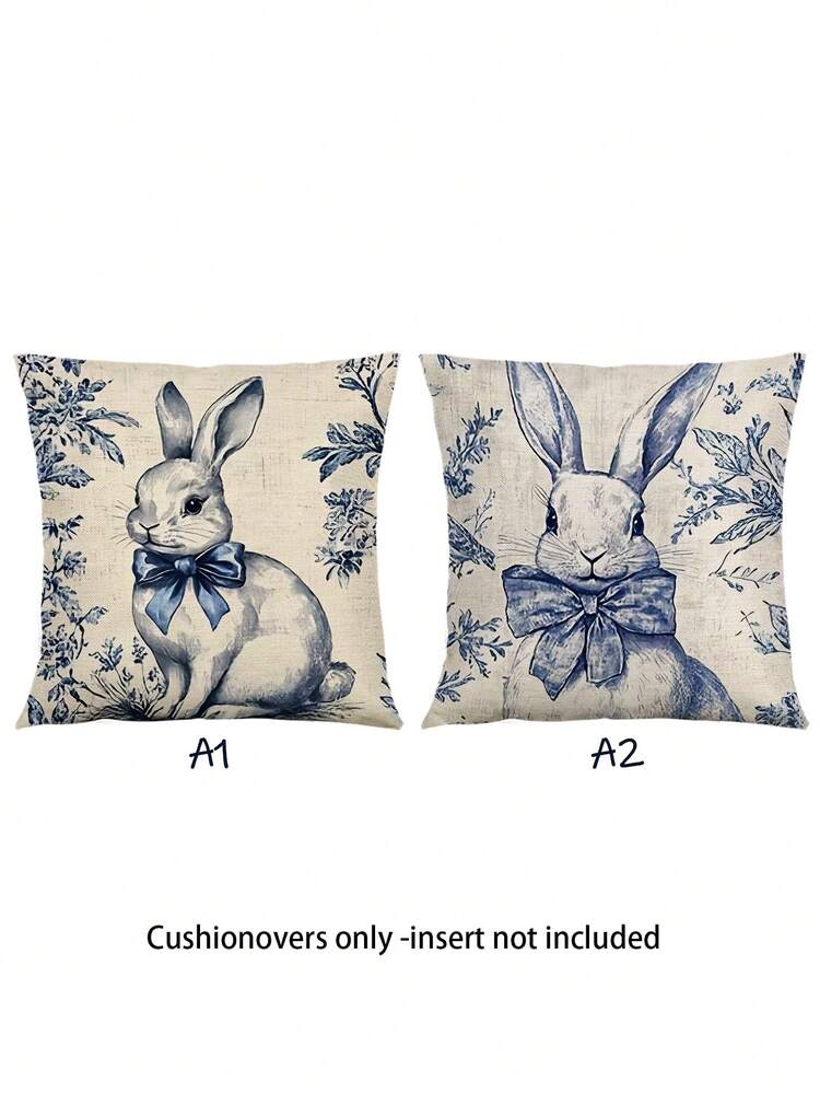 2 fundas de almohada con estampado de conejito de Pascua, estilo de pintura al óleo, cremallera invisible, lavables, sin relleno, adecuadas para decoración del hogar, sala de estar, funda de almohada, cojín, decoración de sofá, decoración de dormitorio, almohadilla de sofá, funda de cojín - Azul - Añade 12